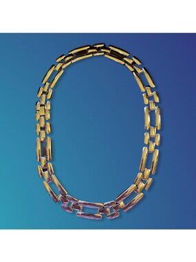 Gold Tone Rectangle Link Necklace Geometric Modernist Statement Choker Vintage